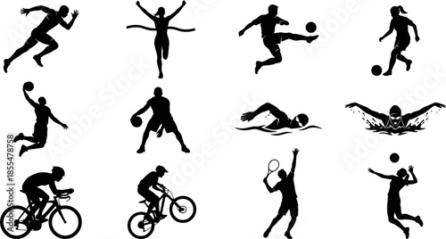 Diverse athletes performing various sports silhouettes vector set
