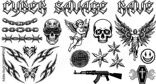 Cyber savage rave street wear graphic elements vector illustration