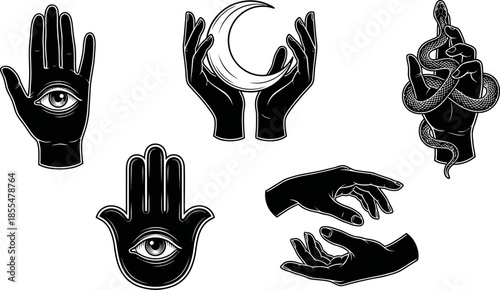 Esoteric mystical hand symbols collection vector illustration