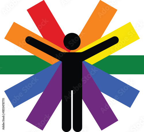 Silhouette figure with rainbow rays, black human form, colorful fan burst, diversity symbol, inclusion concept, white background, vibrant symmetrical design