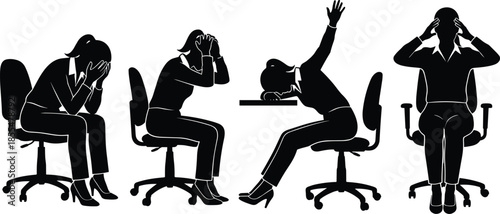 Silhouettes of stressed office worker in seated poses, black figures, emotional gesture, burnout posture, white background, workplace frustration, desk fatigue