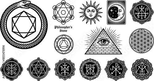 Alchemy and occult mystical symbols set vector illustration