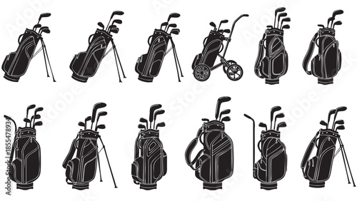 Collection of golf bags with clubs isolated on transparent background
