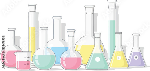 illustration of various laboratory glassware filled with colorful liquids for scientific experiments