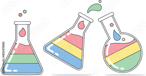 Minimalist Illustration of Three Laboratory Flasks with Colorful Liquid Contents