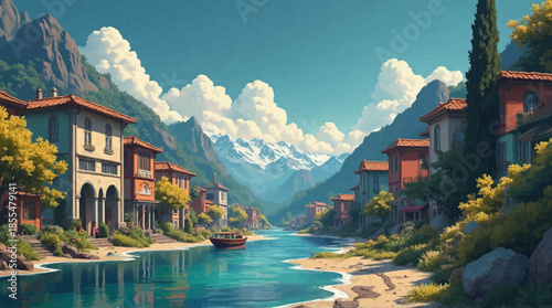 Picturesque riverside village illustration with majestic snow-capped mountains and a clear blue sky