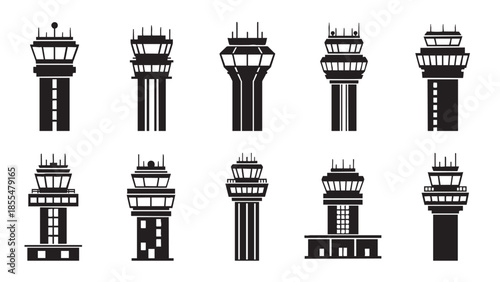 Collection of various air traffic control tower designs isolated on transparent