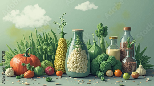 A vibrant collection of fresh produce and healthy ingredients displayed outdoors.