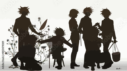 Vector silhouettes of young men tending to a garden filled with diverse plants