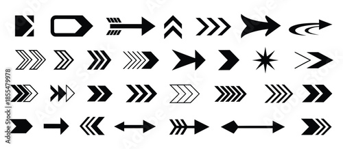 Directional arrow icons pack with multiple styles of minimalist pointers, cursor symbols, and navigation elements