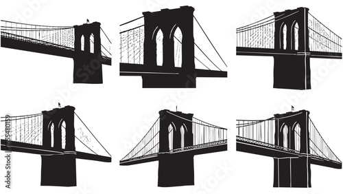 Iconic suspension bridge architectural silhouettes isolated on transparent background