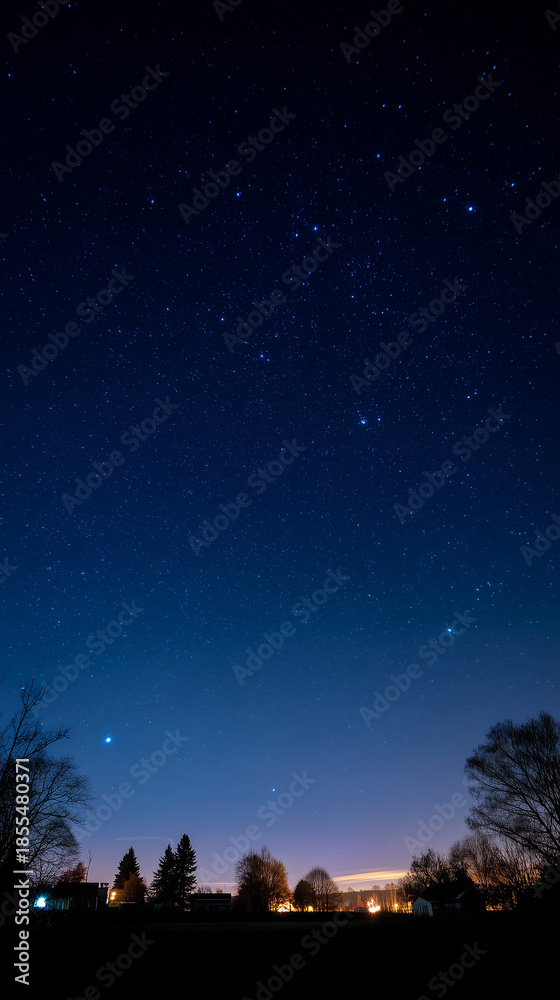 Fototapeta premium Enchanting Starry Night Sky Over Misty Rural Village with Wooden Houses and Trees