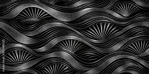 Seamless black and white abstract pattern featuring a wavy liquid texture and metallic silver swirl design for a modern fabric backdrop or wallpaper illustration