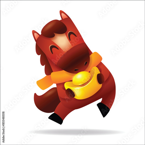 Cute Little Cartoon Horse with Scarf and Gold Ingot. Chinese Zodiac