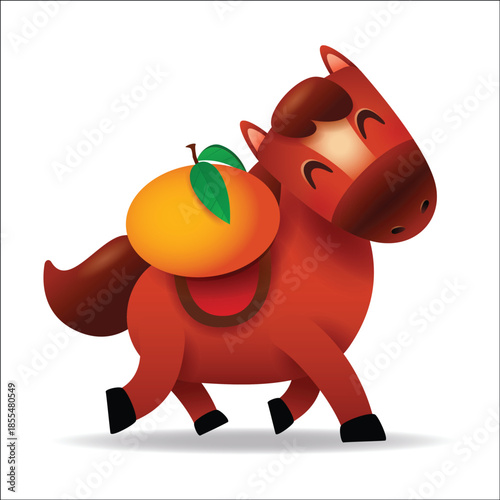 Cute Little Cartoon Horse Carrying a Big Mandarin Orange. Chinese Zodiac.