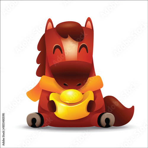 Cute Little Cartoon Horse with Scarf and Gold Ingot Chinese Zodiac