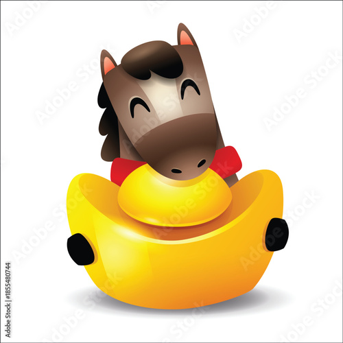 Cute Little Cartoon Horse with Giant Gold Ingot. Chinese Zodiac