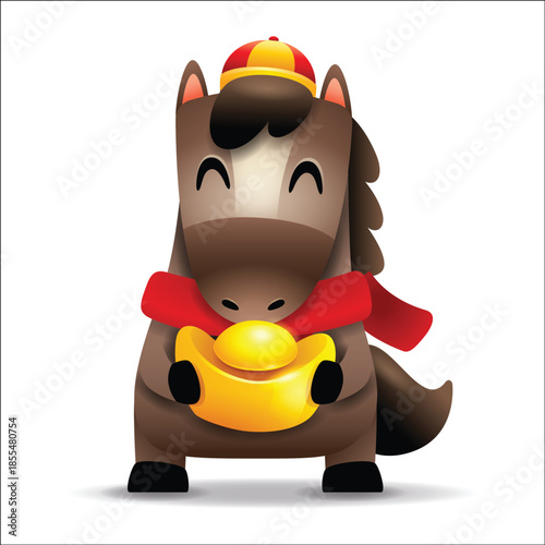 Cute Little Cartoon Horse with Red Scarf and Gold Ingot. Chinese Zodiac