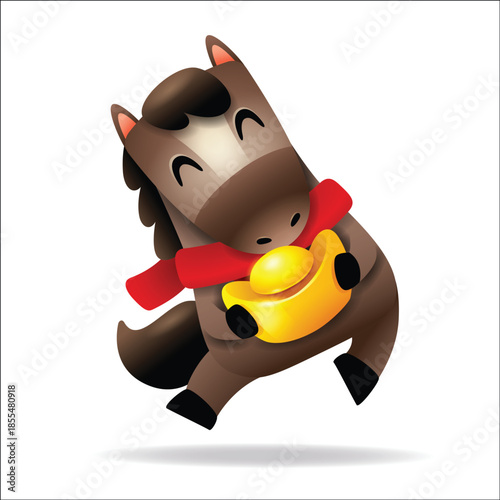 Cute Little Cartoon Horse with Red Scarf and Gold Ingot. Chinese Zodiac