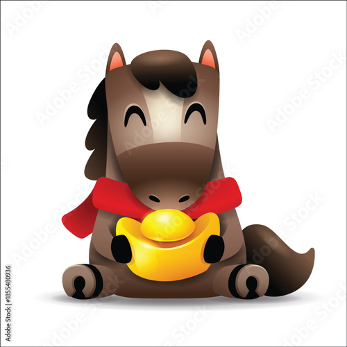 Cute Little Cartoon Horse with Red Scarf and Gold Ingot Chinese Zodiac
