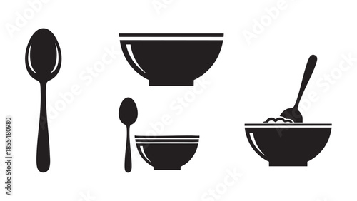 Set of minimalist spoon and bowl icons isolated on transparent