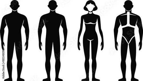 Four human figures side by side black and white silhouette