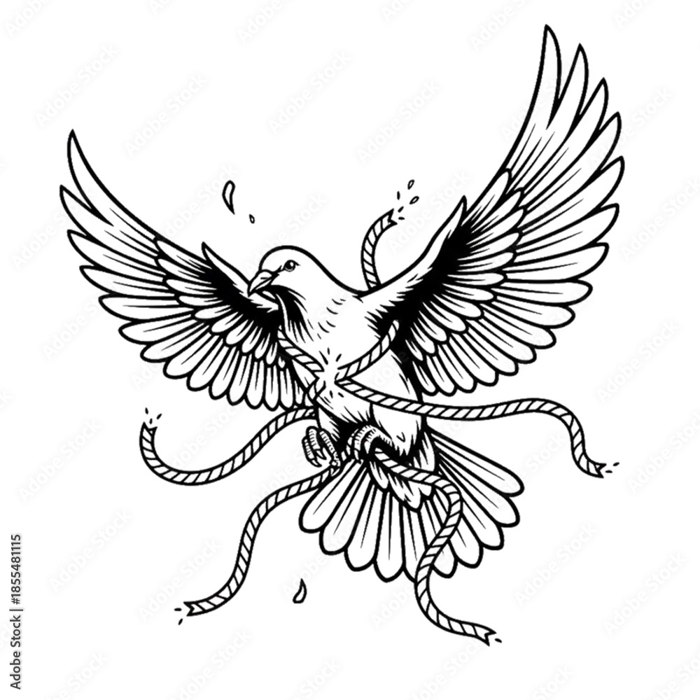 Fototapeta premium Illustration of a dove escaping from the rope that bound it. World human rights commemoration, isolated on a white background.