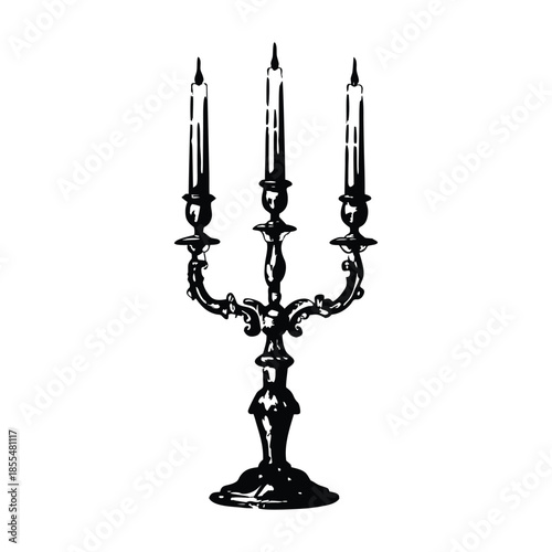 Black and white vintage candle holder illustration in hand drawn style, vintage retro line art vector