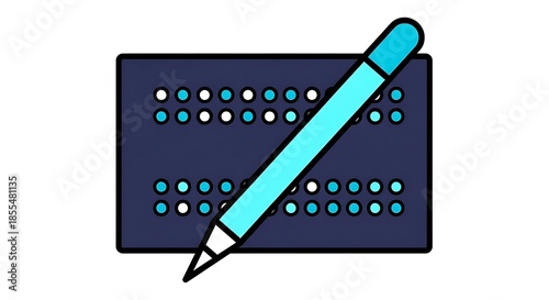 A minimalist graphic design illustration of a vibrant Braille stylus and metal slate, featuring perfect geometric shapes, composed of cyan, navy, and white, isolated on a clean white background