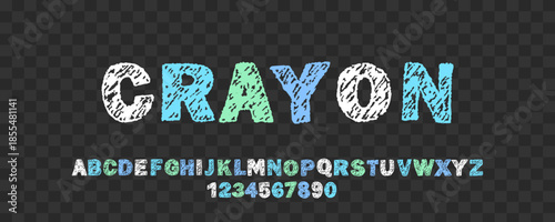 English alphabet crayon. Handwritten ABC with wax texture. Children font. Vector illustration.