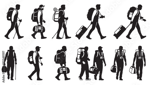 Silhouettesoftravelerswithbackpacksandluggagewalkingisolated