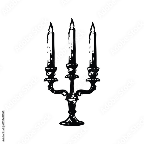 Black and white vintage candle holder illustration in hand drawn style, vintage retro line art vector