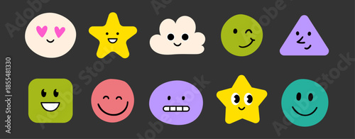 Face smile emoji doodle icon sticker set. Cute kid doodle hand drawn style funny face emoji smile, happy, sad sticker. Funny cartoon emoticon heart, star, flower shape with eyes. Vector illustration