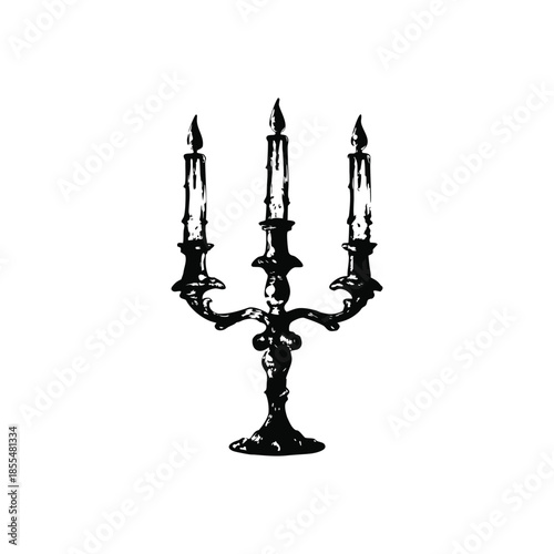 Black and white vintage candle holder illustration in hand drawn style, vintage retro line art vector