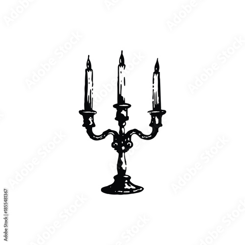 Black and white vintage candle holder illustration in hand drawn style, vintage retro line art vector