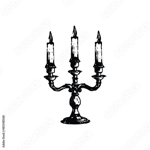 Black and white vintage candle holder illustration in hand drawn style, vintage retro line art vector