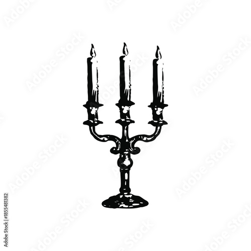 Black and white vintage candle holder illustration in hand drawn style, vintage retro line art vector