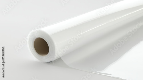 A roll of industrial grade white plastic sheeting with a waterproof coating on a plain white background