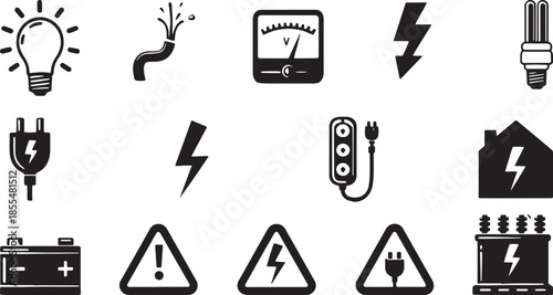 Electricity and Power Icons Set with Plug, Battery, Lightning, Warning Signs and Energy Symbols
