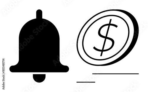 Notifications, financial tracking, online payments, money management, business alerts, reminders. Black bell icon and dollar coin with lines. Notifications and financial tracking concept