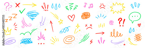 Cartoon chalk star, comic expression elements. Hand drawn cute doodle line motion effect arrow, emphasis, angry emotion, sparkle movement. Cartoon emoticon mark crayon icon. Vector illustration