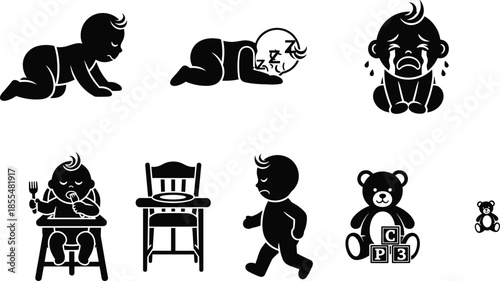 Baby Silhouette Icons – Crawling, Sleeping, Crying, Eating, Walking, and Playing in Black and White Vector Style for Parenting Themes