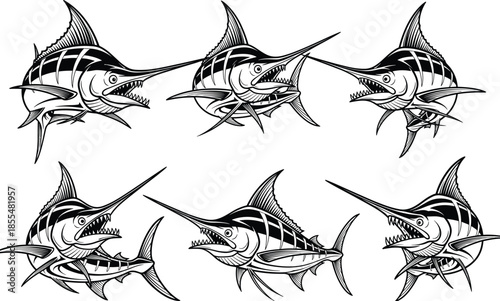 Black and white swordfish illustration set in vintage engraving style, aggressive marine predator fish designs isolated on white background