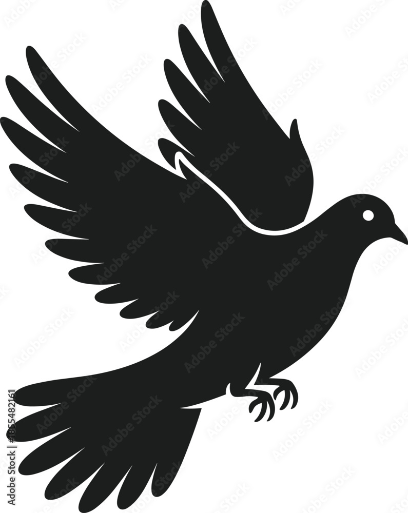 Fototapeta premium Black silhouette of a dove bird in flight with wings spread and tail feathers fanned out vector