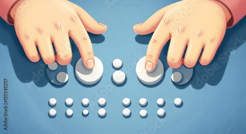 Whimsical children's book illustration of a pair of small, curious hands gently exploring large, raised Braille dots on a smooth blue surface. 