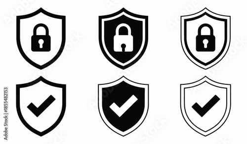 Security shield icons featuring check mark and padlock, vector illustrations for protection