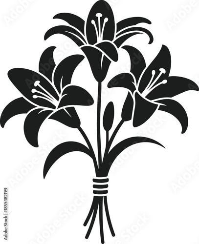 Black silhouette of a bouquet of Easter Lilies with stems tied together lily flower