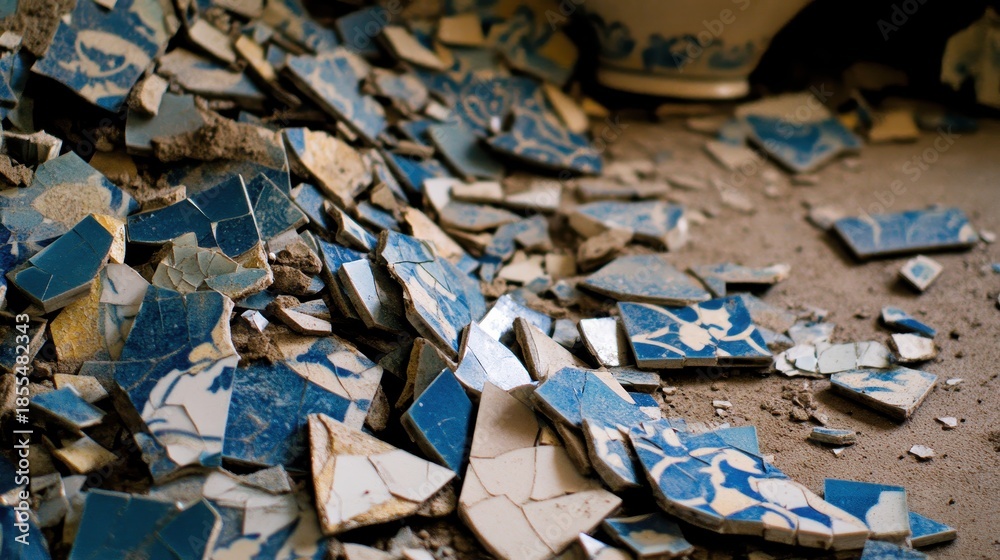 Fototapeta premium Broken ceramic tile pile in varied shades of blue and white