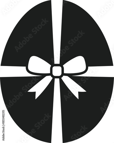 Black silhouette of an egg shape with a white ribbon tied in a bow gift present