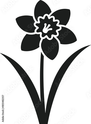 Black silhouette vector of a single daffodil flower with two leaves bloom blossom